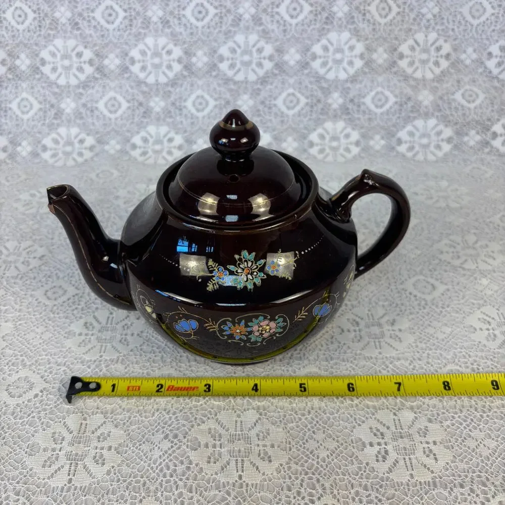 Vintage Mikado Japan Brown Teapot Hand Painted Floral Gold Trim
